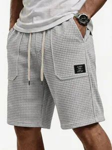 Graue Waffel-Strick-Shorts für Herren mit großen Taschen und Kordelzug-Detail