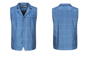 Detailed front and back view of a light blue checkered slim fit casual vest for men