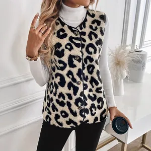 Chic sleeveless leopard print plush vest with button closure for autumn winter fashion