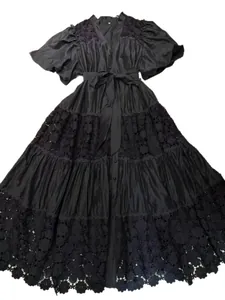 Elegant black French lace patchwork hollow-out embroidered dress with waist tie and buttons