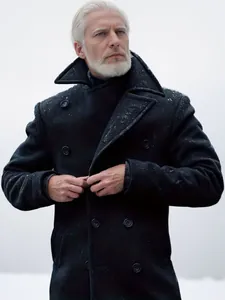 Detailed view of a premium men's double-breasted black wool pea coat for winter fashion