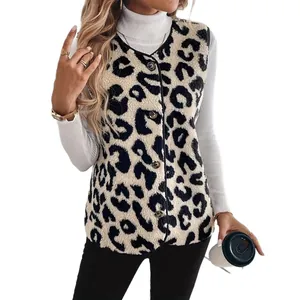 Stylish women's leopard print plush sleeveless vest featuring single-breasted buttons