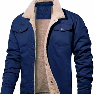 Men's navy blue winter cotton worker jacket with warm off-white sherpa fleece lining