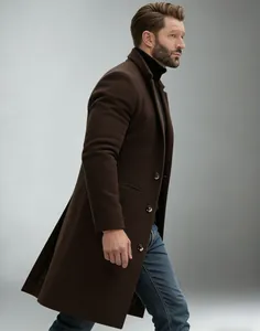 Side view of a premium men's brown mid-length wool overcoat with a professional tailored fit