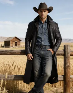 Langer schwarzer Herren-Trenchcoat aus PU-Leder im Western-Yellowstone-Stil