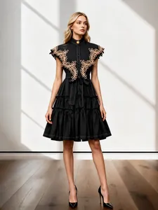 Women Resort Ruffle Dress Floral Embroidery A-Line Patchwork Lapel Tie Waist Fashion Short Dress For Vacation Beach Party