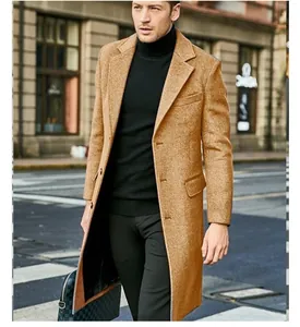 Detailed view of a fashionable men's camel long wool overcoat styled for autumn and winter
