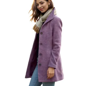 Elegant vintage single-breasted purple wool coat for women in a slim-fit mid-length design