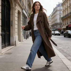 Full-length street style shot of a woman in a long brown wool coat and jeans walking.