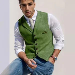Men's slim fit green textured plaid waistcoat for casual or formal wear