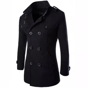 Slim-fit men's mid-length wool coat in classic black with double-breasted design