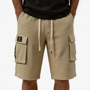 Herren Casual Waffelstruktur Cargo Shorts Sommer Locker Gerade Fünf-Punkt Hose Mit Kordelzug Mehrere Taschen Shorts