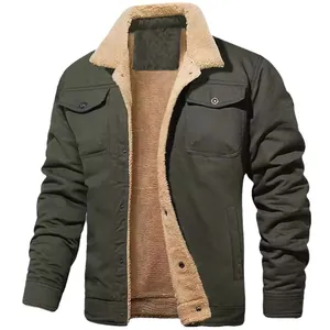 Premium rugged men's winter sherpa-lined cotton cargo jacket in olive green olive