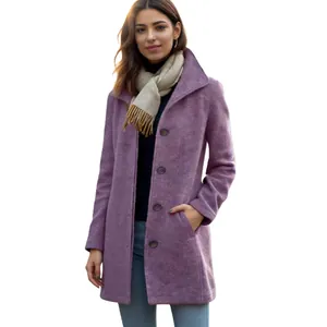 Vintage purple single-breasted wool-like mid-length coat for women, slim fit style