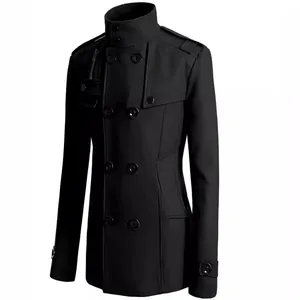Men's slim-fit mid-length wool coat trench jacket in solid black color