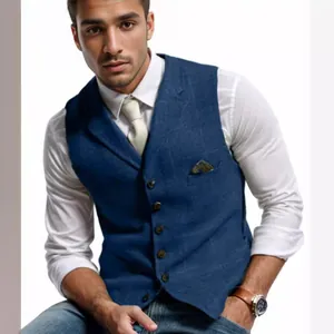 Elegant men's dark blue slim fit casual plaid vest waistcoat with stylish lapel collar