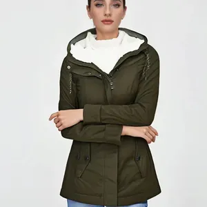 Women's mid-length olive green hooded parka jacket with a warm white fleece lining