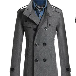 Classic grey slim-fit mid-length wool pea coat for men winter business casual jacket
