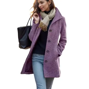 Elegant purple mid-length wool coat for women featuring a single-breasted front