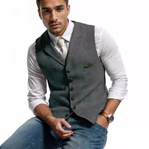 Professional slim fit men's checkered waistcoat vest in grey and green for casual style