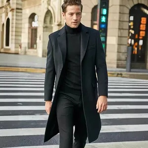 Men Long Woolen Overcoat British Style Slim Fit Single Breasted Lapel Collar Winter Casual Fashion Trench Coat Outerwear