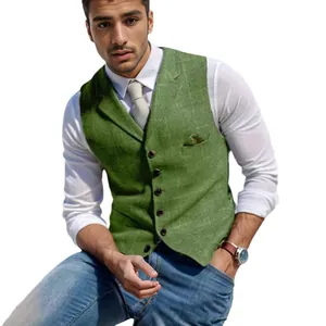 Men's slim fit green herringbone tweed vest waistcoat with stylish notched lapel