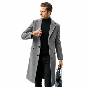 Classic men's long wool coat in grey, elegant British style winter overcoat for men.