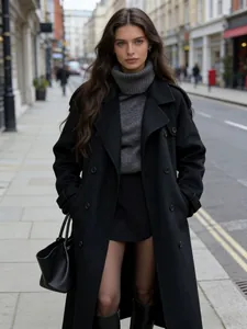 Elegant long black woolen coat for women worn by a model in a stylish city street setting