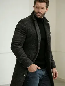 Professional dark grey textured wool overcoat for men in a stylish mid-length slim fit