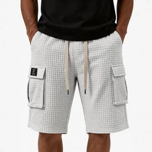 Lässige graue Waffelstrick-Cargo-Shorts für Herren mit bequemem Kordelzug am Bund