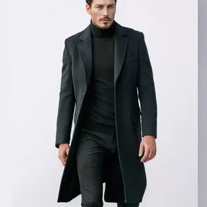 Elegant British style men's long wool overcoat for autumn and winter fashion.