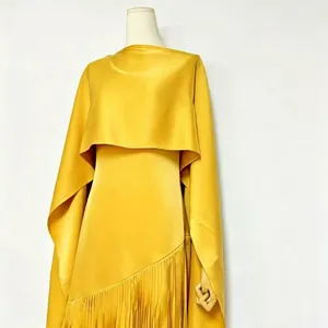 Elegant mustard yellow acetate dress set with matching shrug and unique fringe detail