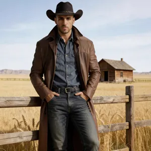 Langer brauner PU-Ledermantel für Herren im Western-Cowboy-Stil mit Anzugkragen