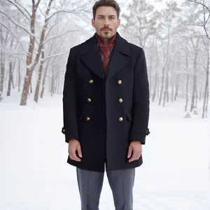 Cappotto da Uomo in Lana Stile Marina Britannica Media Lunghezza Doppiopetto Giacca in Poliestere Tinta Unita Cappotto Invernale
