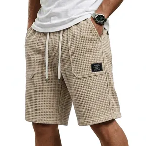 Lässige beige Waffelstrick-Shorts für Herren mit Kordelzug und elastischem Bund