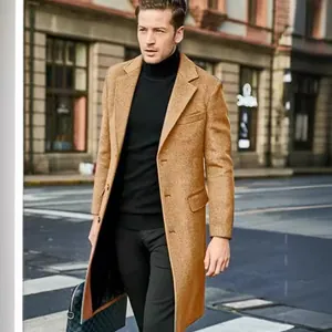 Elegant men's long camel wool coat in British style for autumn and winter