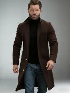 Elegant men's mid-length brown wool coat for autumn and winter stylish fashion