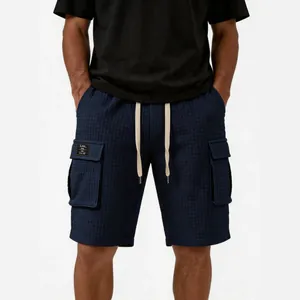 Stilvolle Herren Cargo-Shorts in Dunkelblau mit Waffelstruktur und Kordelzug am Bund