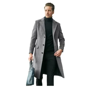 Elegant men's long grey woolen coat in British style for autumn and winter fashion.