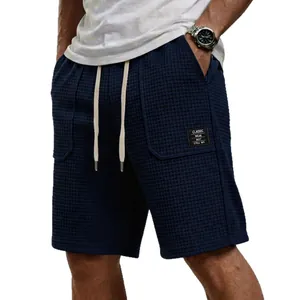 Herren Navy Blau Waffelstrick Casual Shorts mit Kordelzug und praktischen Seitentaschen