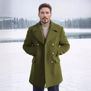 Cappotto di lana da uomo verde oliva, lunghezza media stile marinaresco per l'inverno all'aperto