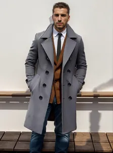 Men's grey mid-length wool blend peacoat with double-breasted design for winter