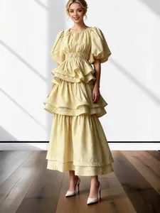 Women's Floral Print Pleated Maxi Dress Puff Sleeve Tiered Ruffle A-Line Dress European African Fashion Polyester Long Dress