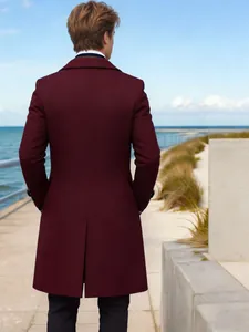 Back view of a classic burgundy mid-length wool overcoat for men during autumn season
