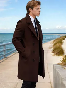 Detailed view of the dark brown mid-length wool coat for men with button closure