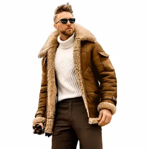 Giacca da uomo in ecopelle marrone con fodera in shearling e ampio colletto in pile per l'inverno