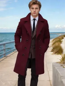 Classic burgundy mid-length wool overcoat for men in an elegant seaside setting