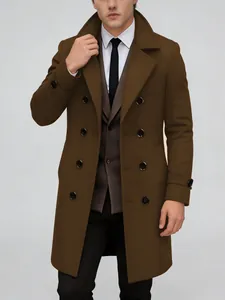 Detail view of a men's brown double-breasted mid-length wool blend coat on a model
