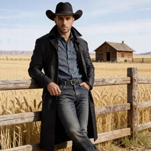 Langer schwarzer PU-Ledermantel für Herren im Western-Stil mit Revers und Cowboy-Ästhetik