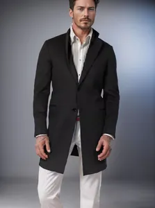 Sophisticated mid-length black wool coat for men, perfect for winter style and warmth.